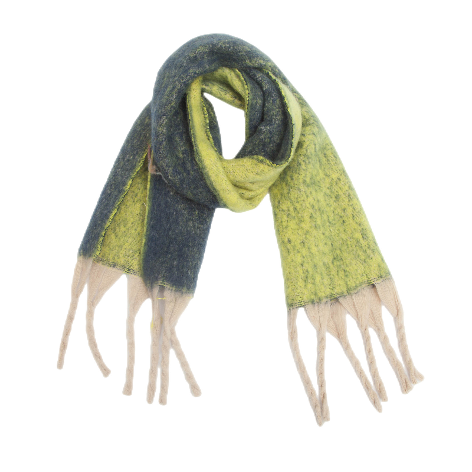 V888-ELOSUNG24987-202504221148-00 Green Plush Gradient Winter Scarf Shawl - Thick Textured Circle Yarn with Chunky Tassels - 185cm x 40cm - Image 1