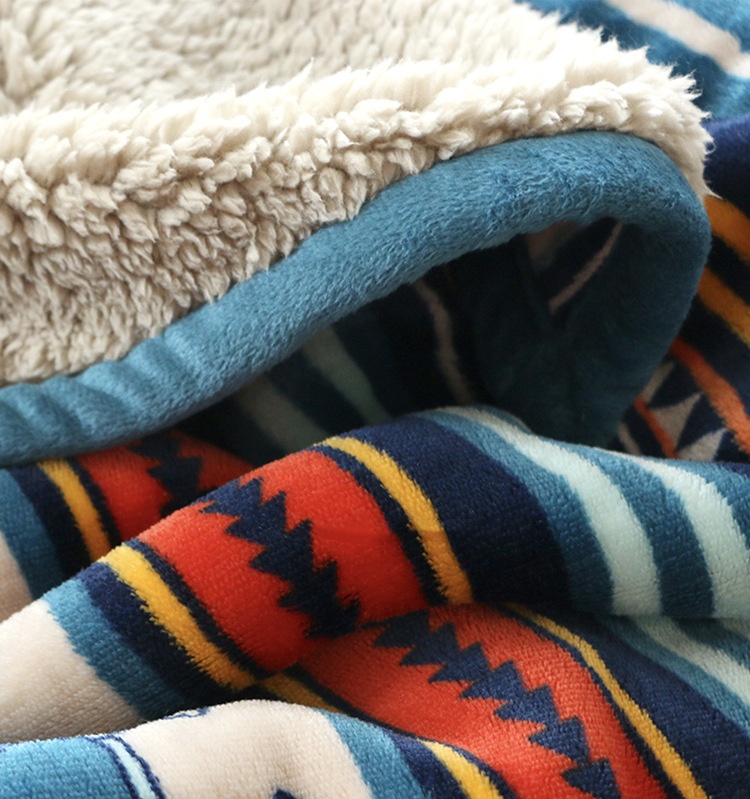 V888-ELOSUNG25148-202504181846-03 Double-Sided Geometric & Plush Throw Blanket - Warm 70x100cm Multi-Use Wrap(Color stripes/Back side light brown) - Image 4