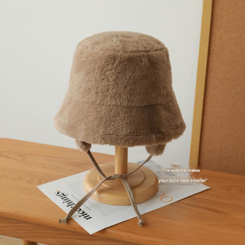 V888-ELOSUNG25168-202504171841-02 Plush Bucket Hat with Ear Flaps,Warm Furry Winter Hat in Khaki-One size (54-59cm) adjustable - Image 3