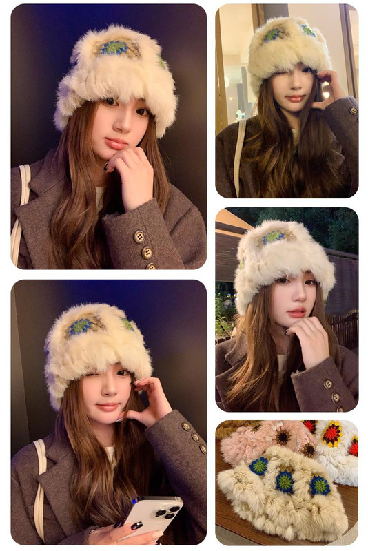 V888-ELOSUNG25173-202504171842-02 Plush Floral Bucket Hat,Warm Crocheted Winter Hat  in Khaki-Hat circumference: 56-60cm - Image 3
