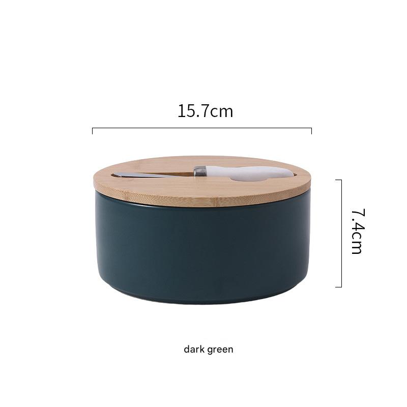 V888-ELOSUNG25279-202504211348-00 Green Nordic Ceramic Butter Dish with Knife - Airtight Cheese Container with Bamboo Lid, Kitchen Storage - Image 1
