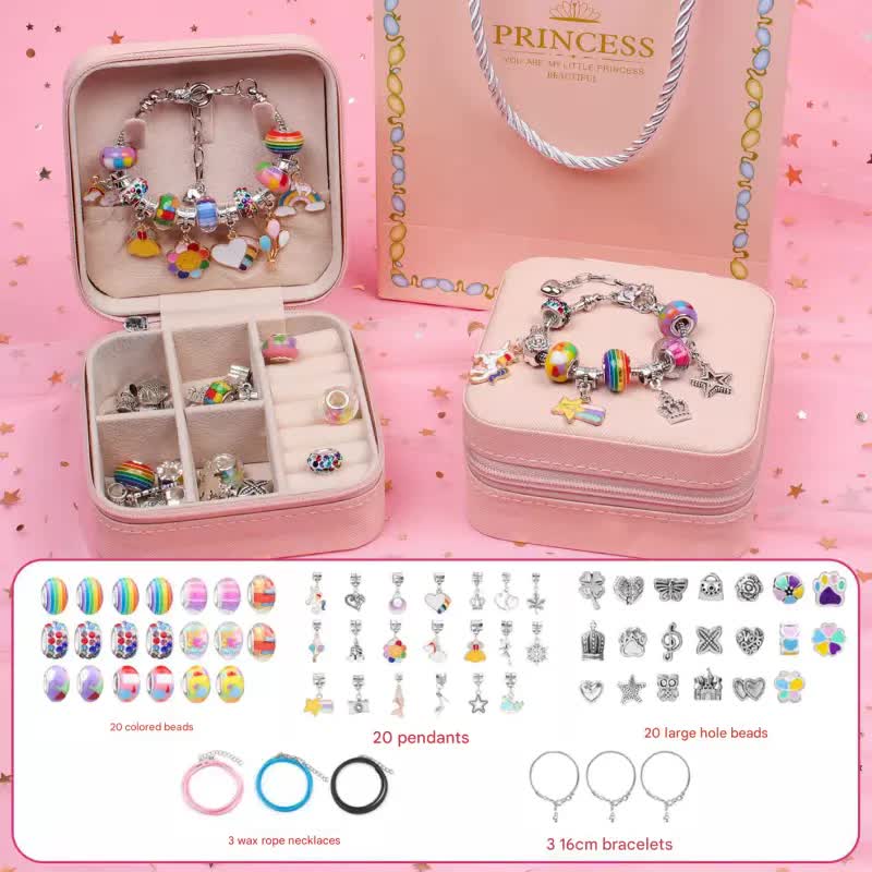 V888-ELOSUNG25302-202504211347-00 Pink Kids DIY Beaded Bracelet Set - Creative Jewelry Making Kit with Princess Gift Box and Display Stand - Image 1