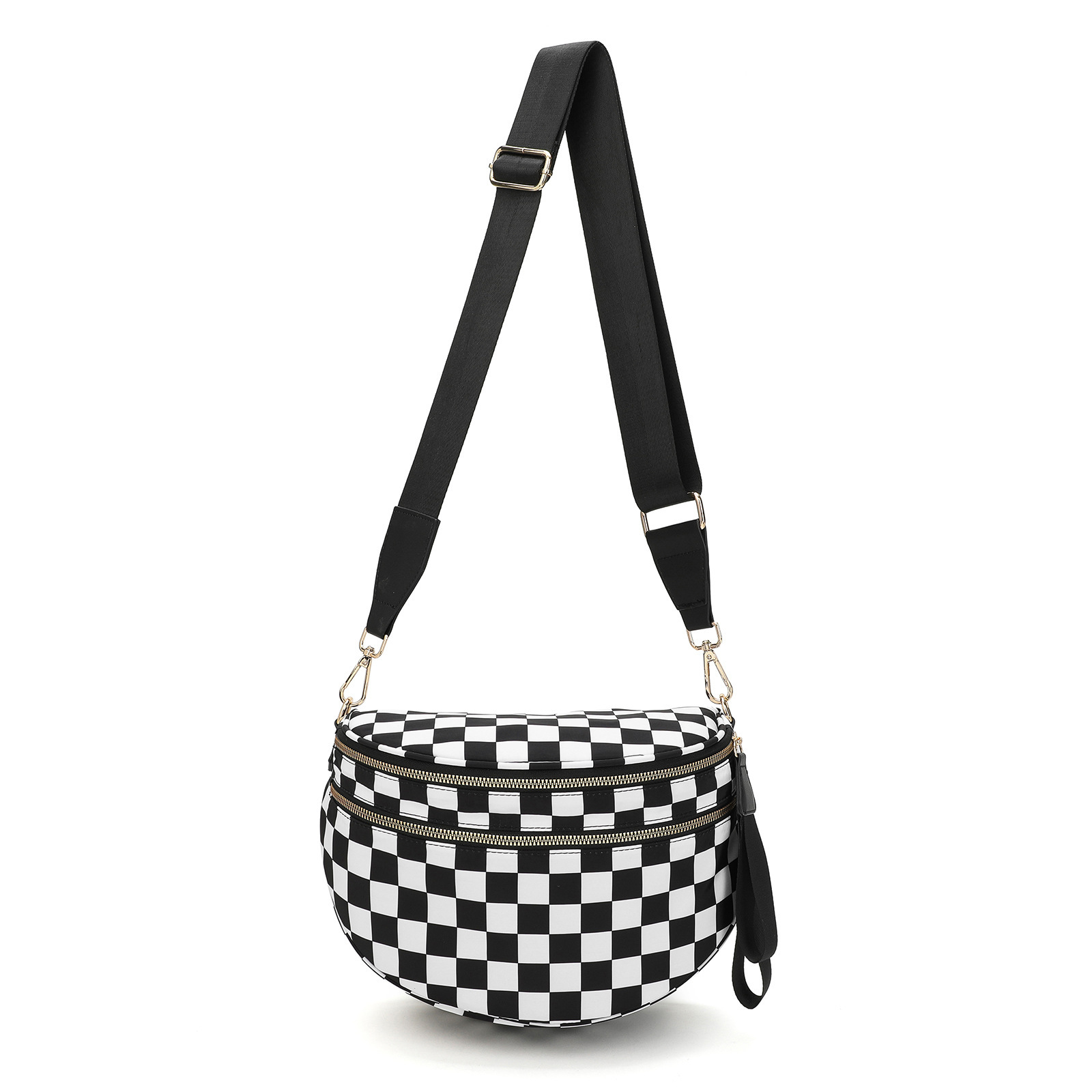 V888-ELOSUNG25399-202504281205-00 Oxford Cloth Crossbody Bag,Large Capacity Shell-Shaped Fanny Pack with Adjustable Strap(Black and white plaid) - Image 1