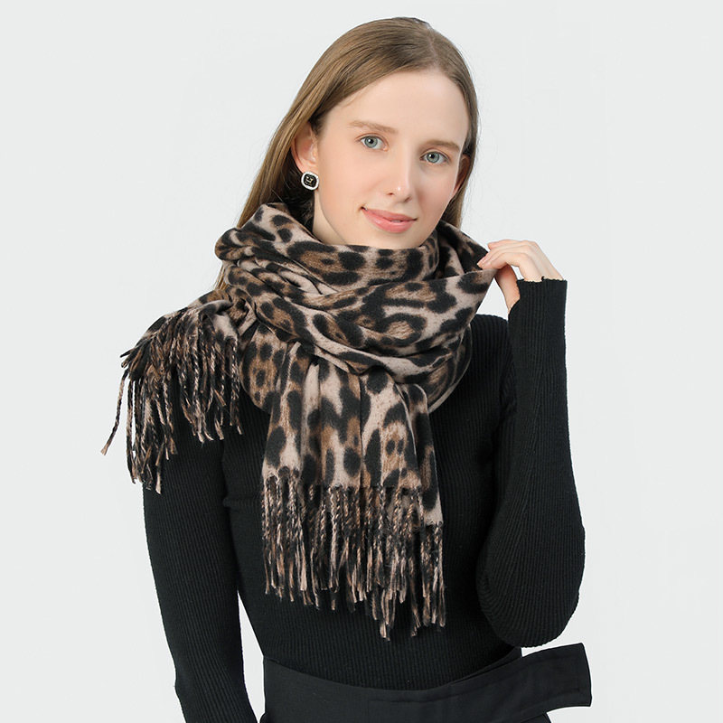 V888-ELOSUNG25441-202504281212-01 Stylish Animal Print Scarf - Warm Fall/Winter Shawl with Tassels, Imitation Cashmere(Khaki) - Image 2