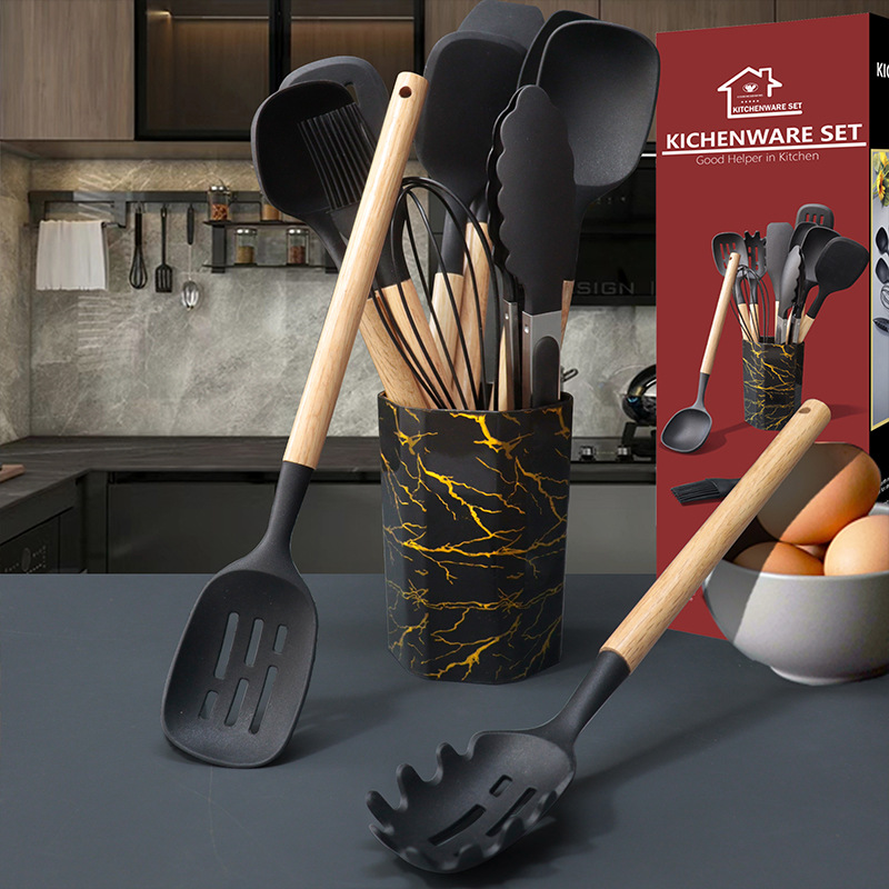 V888-ELOSUNG25505-202504281226-02 Blue 12-Piece Silicone Cooking Utensil Set - Non-Stick Food-Grade Kitchen Tools with Holder - Image 3