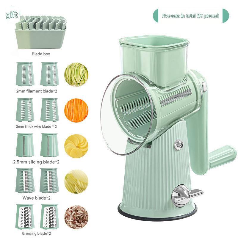 V888-ELOSUNG25746-202505131731-00 Multi-Function Rotary Vegetable Slicer & Grater - 5 Blade Types (10 Pcs Total) with Storage Box-green - Image 1