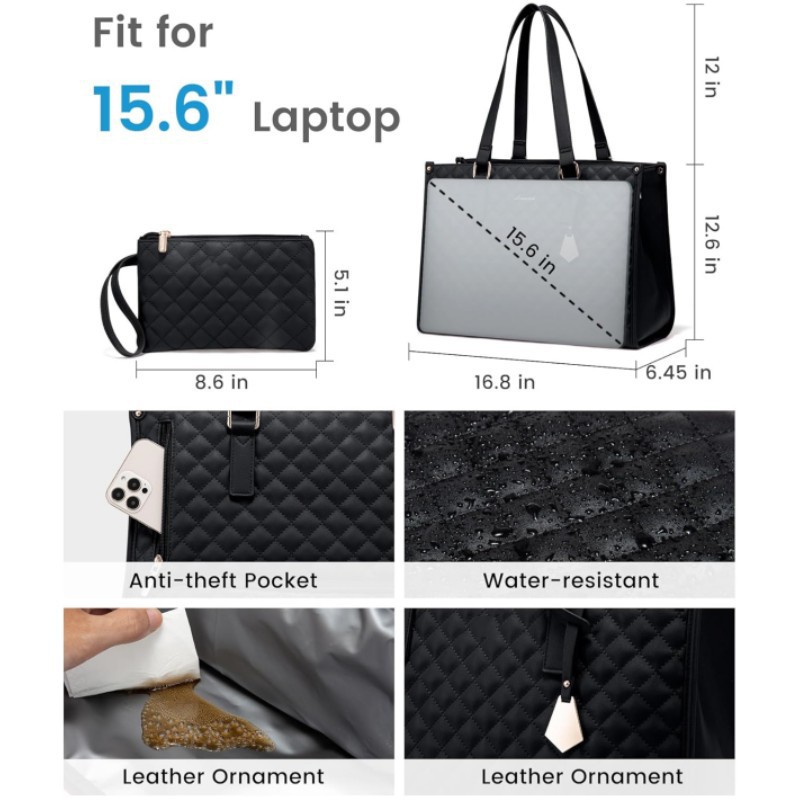 V888-ELOSUNG25755-202505131722-01 Stylish Quilted Laptop & Lunch Tote Bag , Water-Resistant with Insulated Compartment & Clutch(Khaki) - Image 2