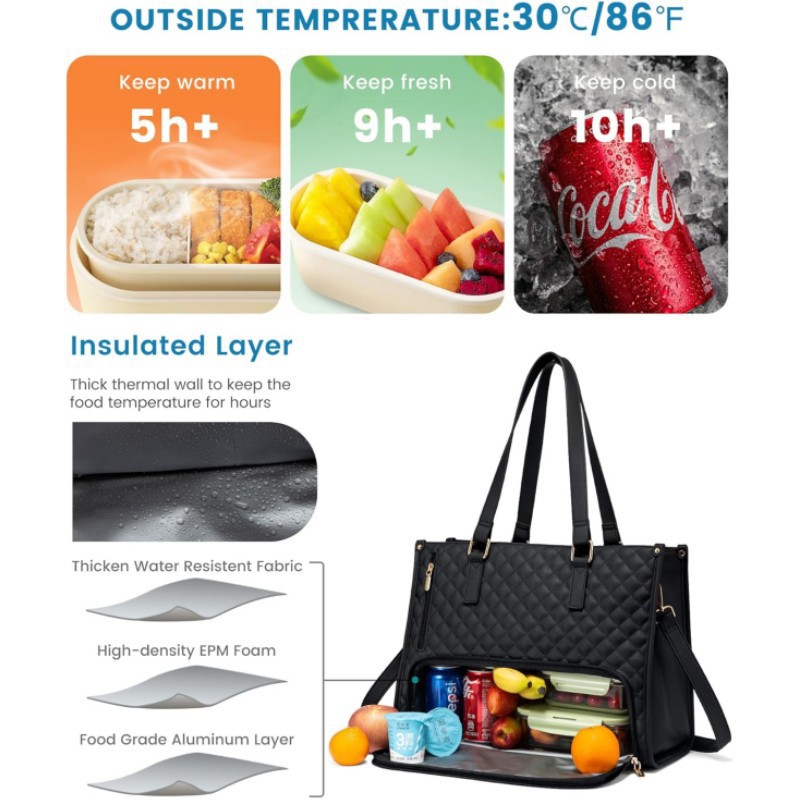 V888-ELOSUNG25755-202505131722-05 Stylish Quilted Laptop & Lunch Tote Bag , Water-Resistant with Insulated Compartment & Clutch(Khaki) - Image 6