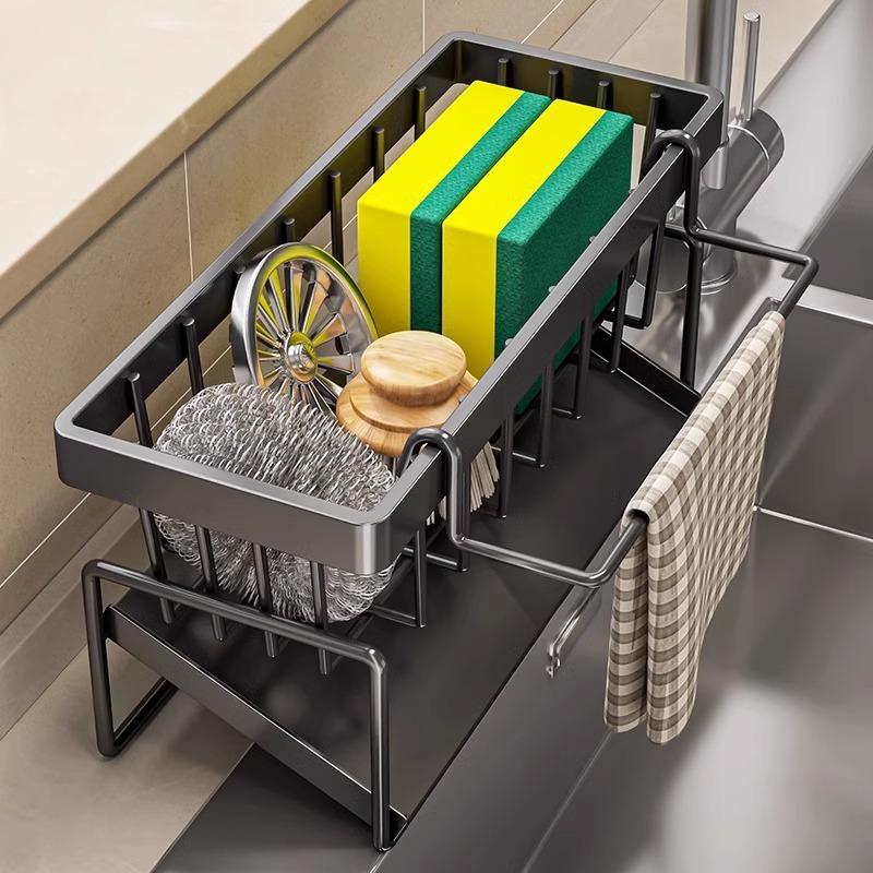 V888-ELOSUNG25819-202505131930-01 Kitchen Sink Caddy Organizer with Towel Bar & Drain Tray - Durable Metal Sponge Holder(grey) - Image 2