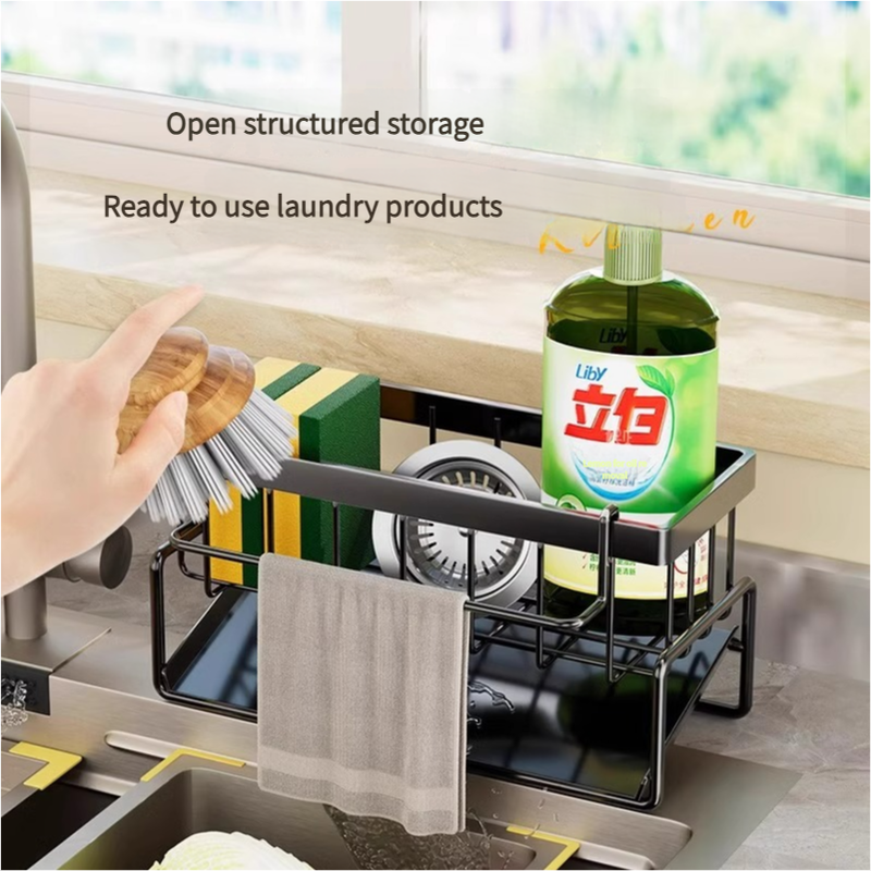 V888-ELOSUNG25819-202505131930-03 Kitchen Sink Caddy Organizer with Towel Bar & Drain Tray - Durable Metal Sponge Holder(grey) - Image 4