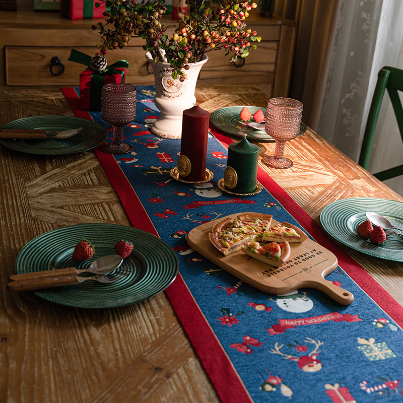 V888-ELOSUNG26147-202504171825-01 Blue Christmas Festive Table Runner - Blue with Snowman, Reindeer and Happy Holidays (35*240cm) - Image 2