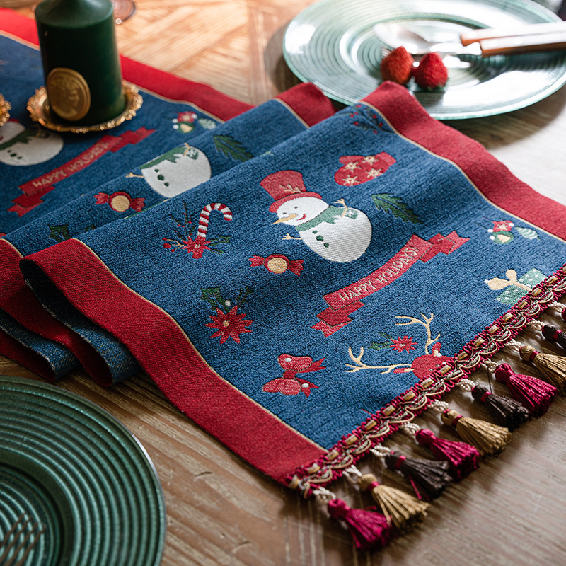 V888-ELOSUNG26147-202504171825-02 Blue Christmas Festive Table Runner - Blue with Snowman, Reindeer and Happy Holidays (35*240cm) - Image 3