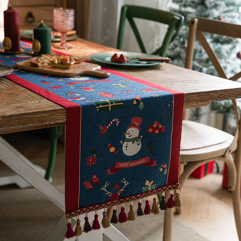 V888-ELOSUNG26147-202504171825-03 Blue Christmas Festive Table Runner - Blue with Snowman, Reindeer and Happy Holidays (35*240cm) - Image 4