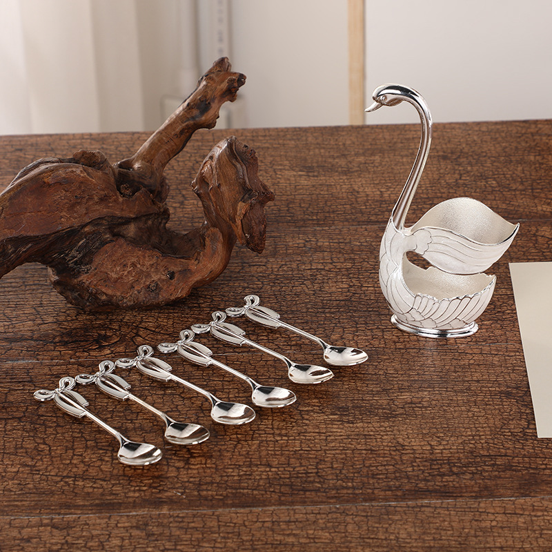 V888-ELOSUNG26338-202504281423-01 Elegant Swan Base Spoon Holder Set with 6 Coffee/Dessert Spoons(Silver spoon) - Image 2