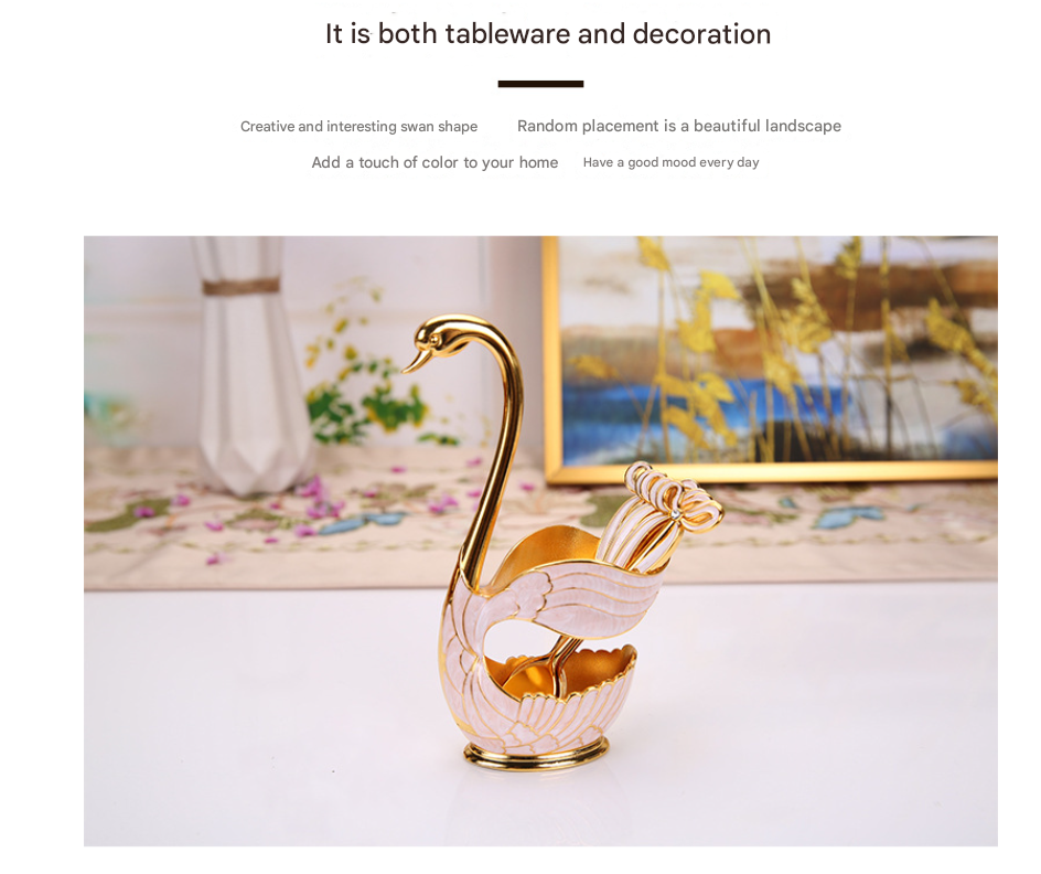 V888-ELOSUNG26338-202504281423-02 Elegant Swan Base Spoon Holder Set with 6 Coffee/Dessert Spoons(Silver spoon) - Image 3