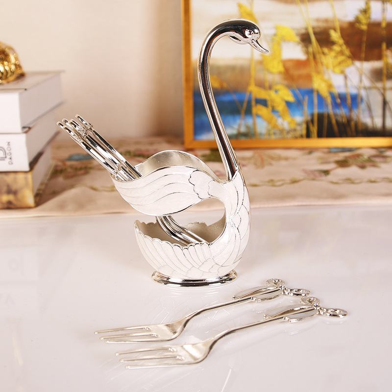 V888-ELOSUNG26340-202504281425-02 Elegant Swan Base Spoon Holder Set with 6 Coffee/Dessert Spoons(Silver fork) - Image 3