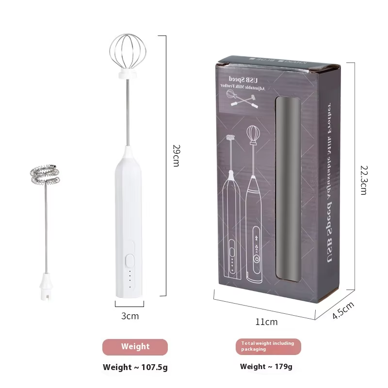 V888-ELOSUNG26371-202504281605-00 White Mini Hand Mixer with Frother & Balloon Whisk Heads - Rechargeable Kitchen Tool - Image 1