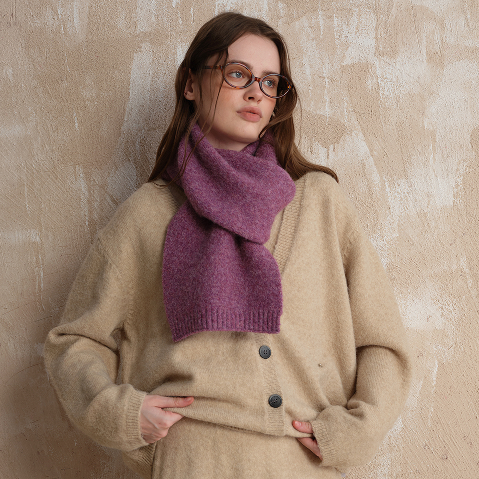 V888-ELOSUNG26612-202505131641-00 Purple Soft Wool Blend Knitted Scarf Women Men Winter Pure Color Neck Wrap (157x22cm) - Image 1