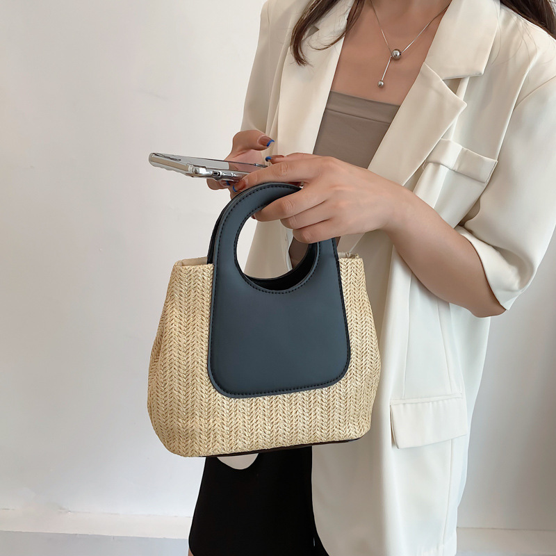 V888-ELOSUNG26749-202505131805-01 Retro Straw Tote Bag - Woven Handbag with Contrast Panel & Round Handles - Image 2