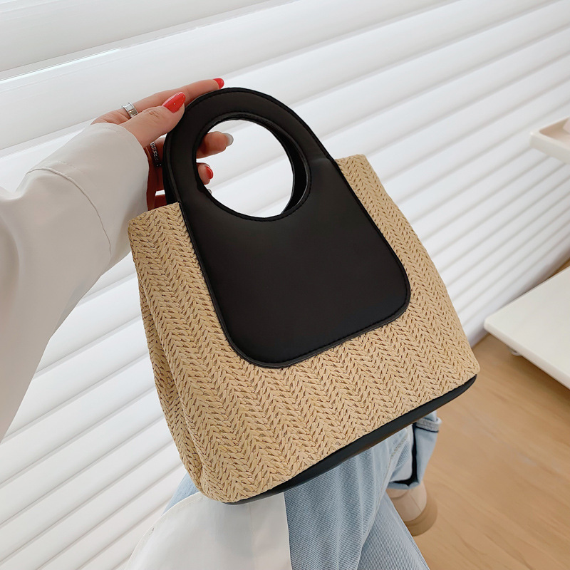 V888-ELOSUNG26749-202505131805-02 Retro Straw Tote Bag - Woven Handbag with Contrast Panel & Round Handles - Image 3