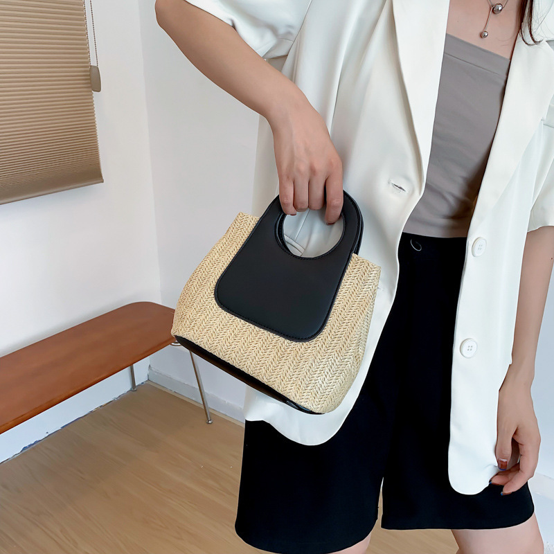 V888-ELOSUNG26749-202505131805-03 Retro Straw Tote Bag - Woven Handbag with Contrast Panel & Round Handles - Image 4