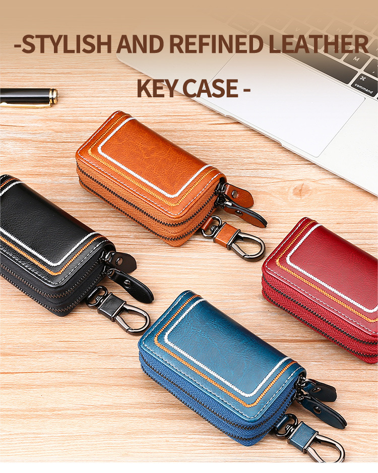 V888-ELOSUNG27090-202504211145-01 Brown Premium Genuine Leather Double Zipper Key Case - Car & House Key Organizer Pouch - Image 2