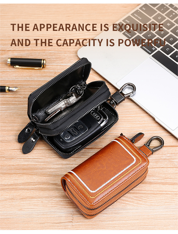 V888-ELOSUNG27090-202504211145-02 Brown Premium Genuine Leather Double Zipper Key Case - Car & House Key Organizer Pouch - Image 3