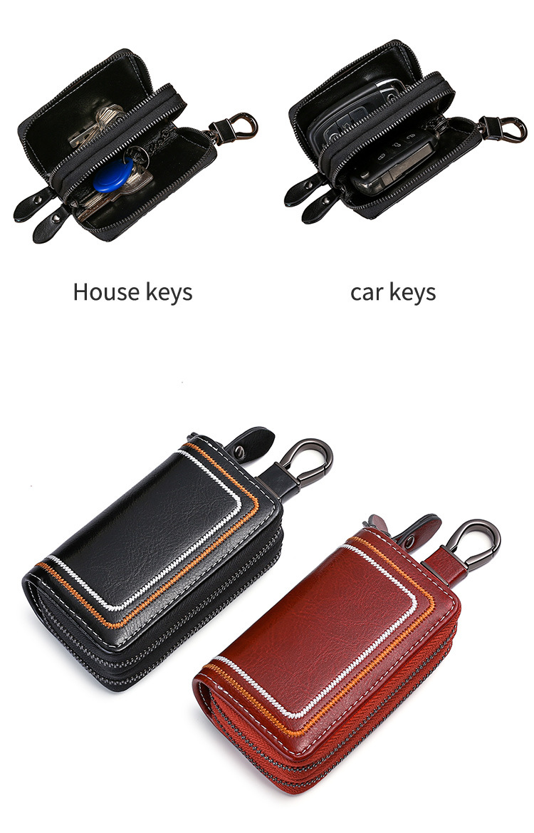 V888-ELOSUNG27090-202504211145-04 Brown Premium Genuine Leather Double Zipper Key Case - Car & House Key Organizer Pouch - Image 5