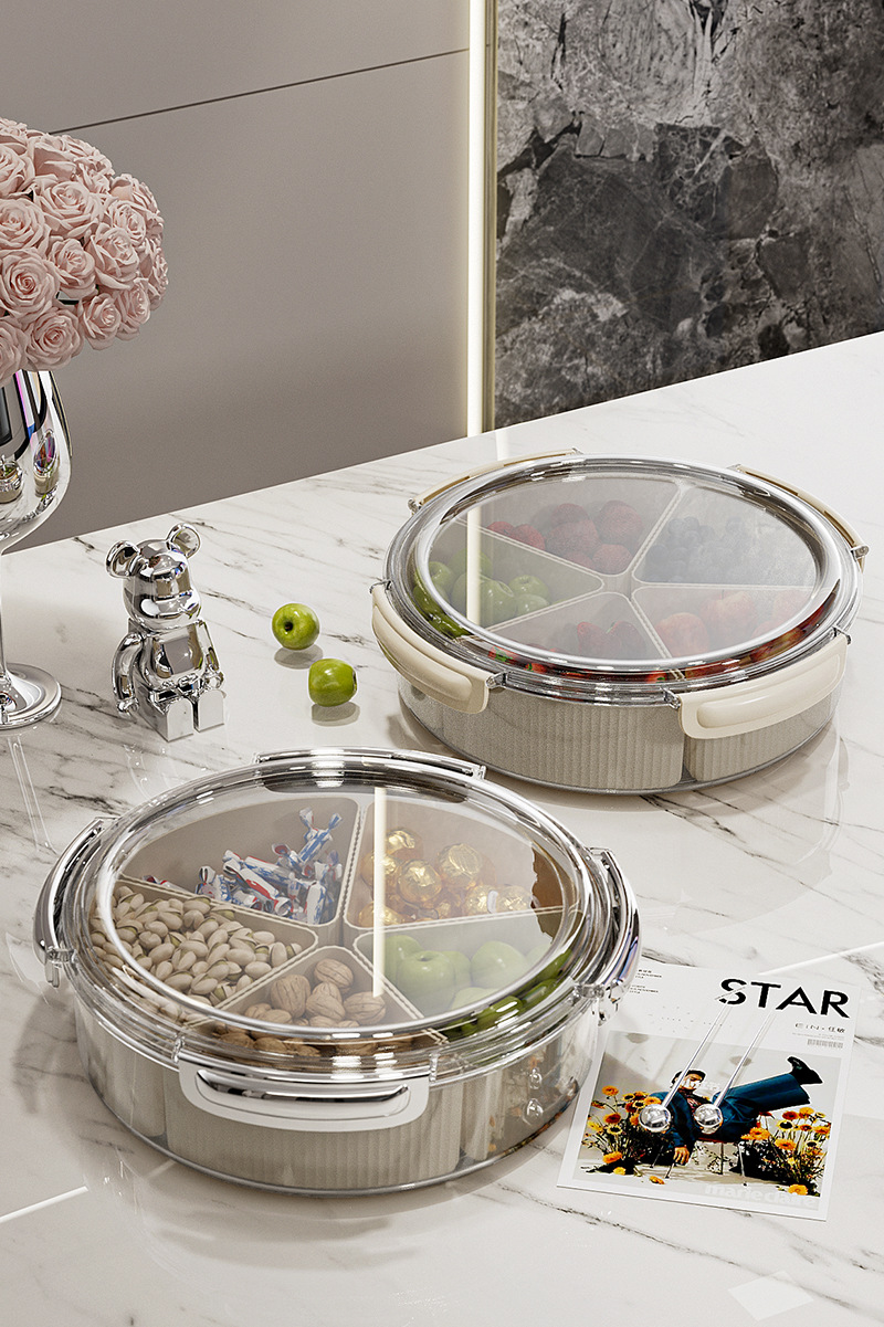 V888-ELOSUNG27102-202504221136-03 Grey And Silver Snap Button Elegant Compartment Serving Tray with Lid - Versatile Snack, Fruit & Candy Box - Image 4