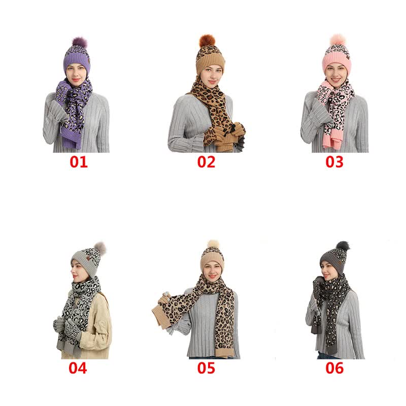 V888-ELOSUNG27168-202504281306-02 Light Grey Women's 3-Piece Winter Knit Set - Leopard Print Plush Lined Beanie Hat, Scarf & Touchscreen Gloves - Image 3
