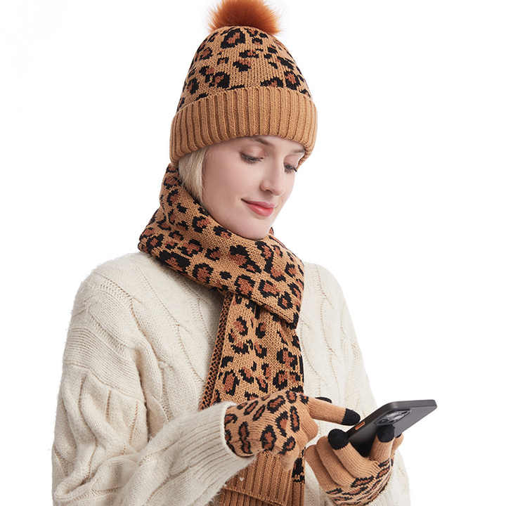 V888-ELOSUNG27168-202504281306-04 Light Grey Women's 3-Piece Winter Knit Set - Leopard Print Plush Lined Beanie Hat, Scarf & Touchscreen Gloves - Image 5