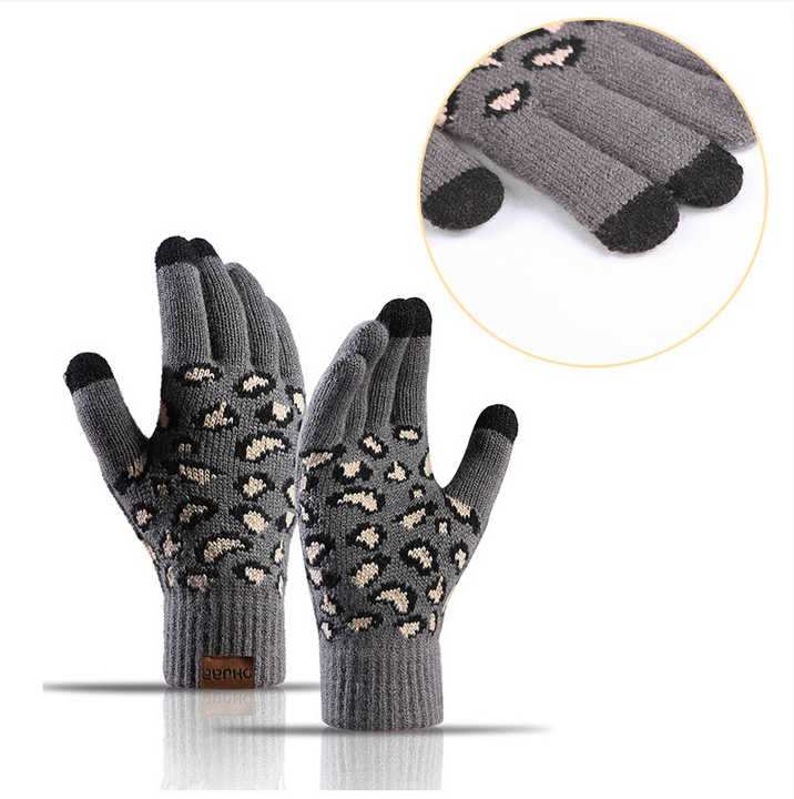 V888-ELOSUNG27168-202504281306-07 Light Grey Women's 3-Piece Winter Knit Set - Leopard Print Plush Lined Beanie Hat, Scarf & Touchscreen Gloves - Image 8