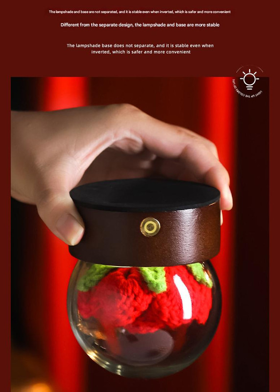 V888-ELOSUNG27184-202504281420-03 Red Rose Handcrafted Crochet Flower LED Night Light - USB Rechargeable Glass Dome Lamp with Wood Base, 3 Color Modes - Image 4