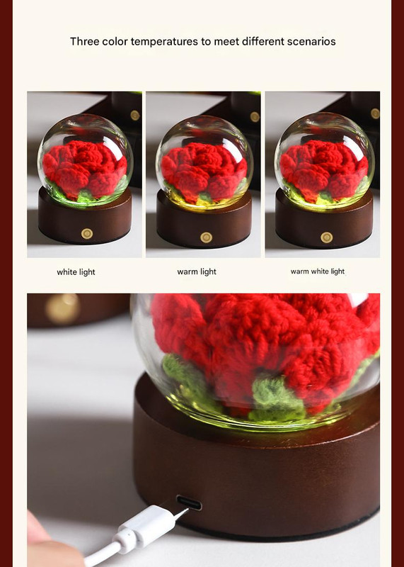 V888-ELOSUNG27188-202504281427-04 Purple Rose Handcrafted Crochet Flower LED Night Light - USB Rechargeable Glass Dome Lamp with Wood Base, 3 Color Modes - Image 5