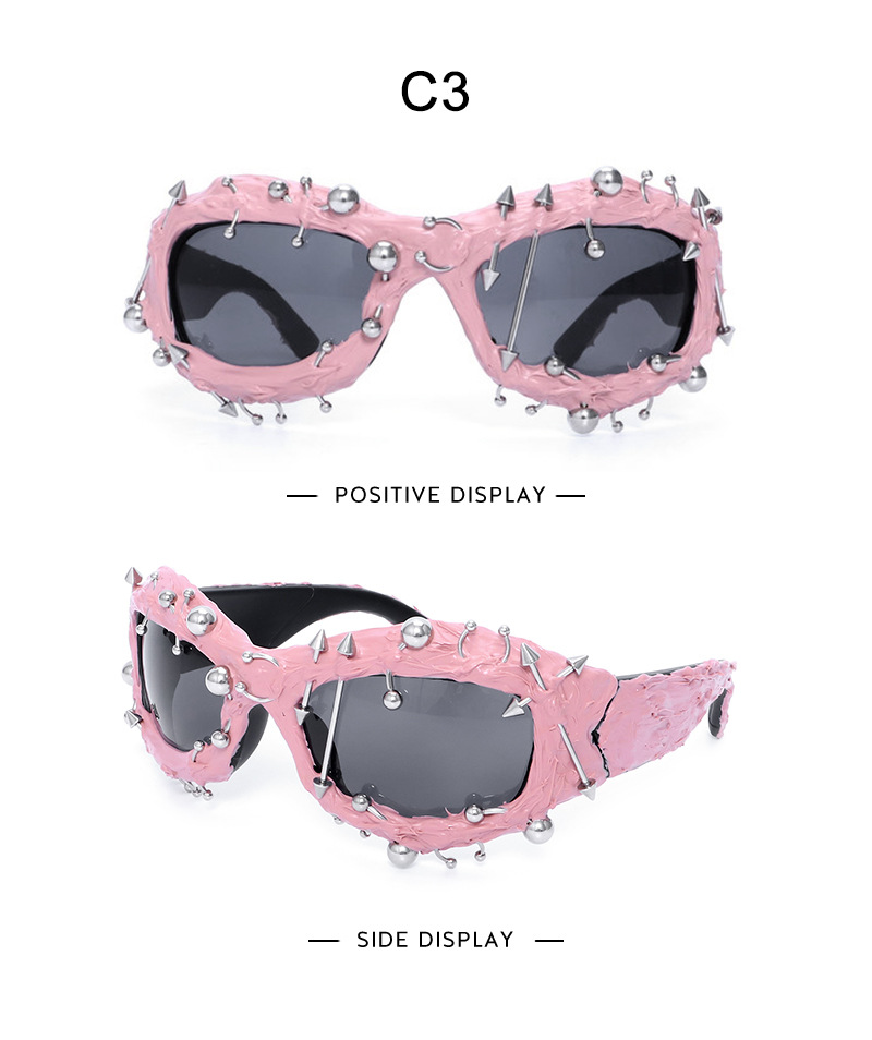 V888-ELOSUNG27201-202504281522-01 Pink Edgy Punk Rock Spiked Sunglasses - Statement Goth Studded Eyewear - Image 2