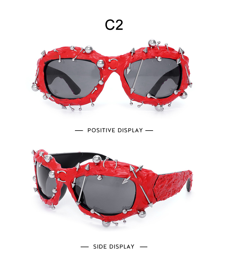 V888-ELOSUNG27202-202504281525-01 Red Edgy Punk Rock Spiked Sunglasses - Statement Goth Studded Eyewear - Image 2