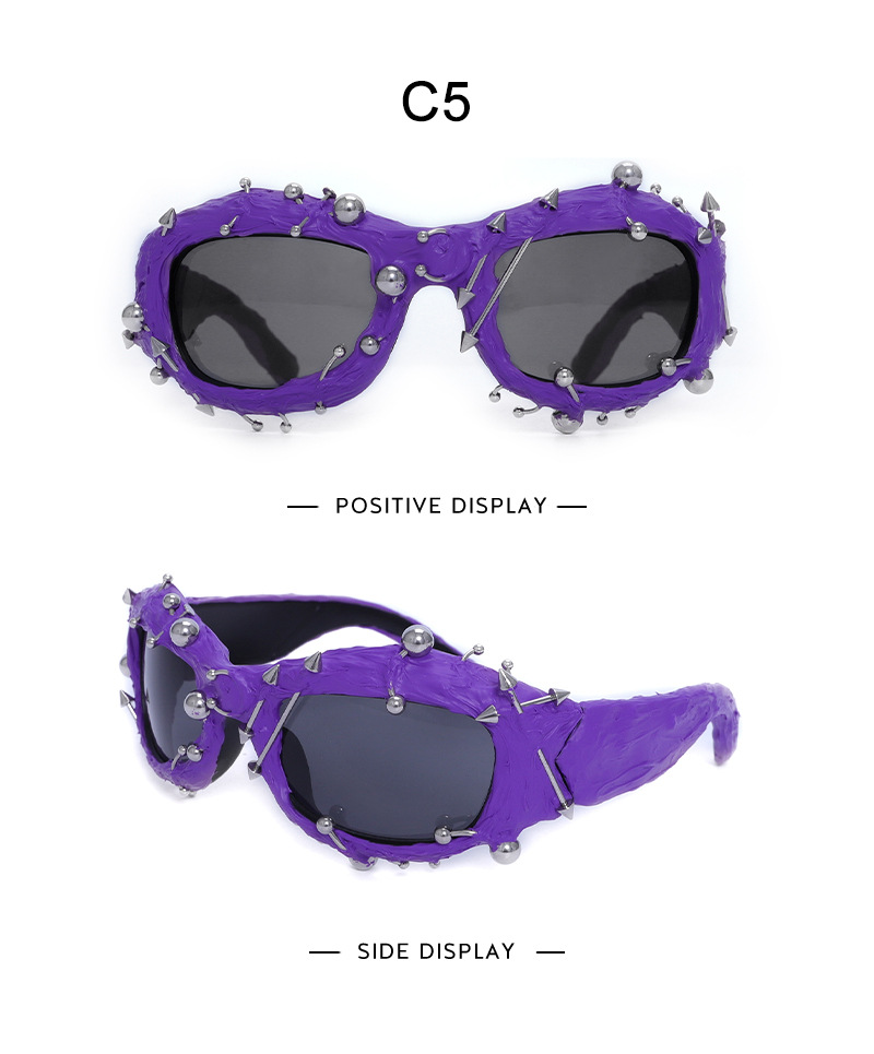 V888-ELOSUNG27205-202504281526-01 Purple Edgy Punk Rock Spiked Sunglasses - Statement Goth Studded Eyewear - Image 2