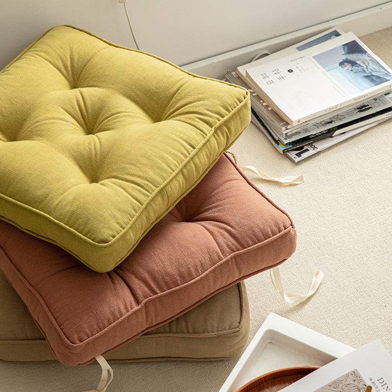 V888-ELOSUNG27229-202504281325-02 Orange Soft And Thick Seat Cushion - Cotton Linen Blend Chair Pad with Ties - 43x43cm - Image 3