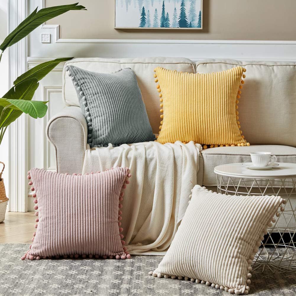V888-ELOSUNG27284-202504291533-01 Light Grey Soft Corduroy Cushion Cover Set (1 Square + 1 Rectangular) with Pom Pom Trim - Decorative Throw Pillow Cases for Sofa Couch - Image 2