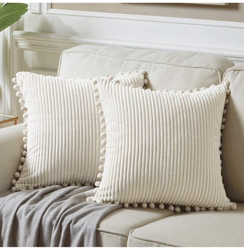 V888-ELOSUNG27288-202504291535-03 Light Green Soft Corduroy Cushion Cover Set (1 Square + 1 Rectangular) with Pom Pom Trim - Decorative Throw Pillow Cases for Sofa Couch - Image 4