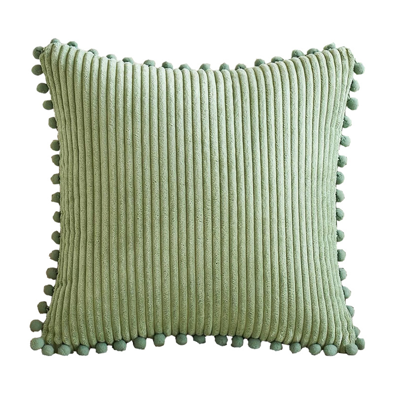 V888-ELOSUNG27307-202504291551-02 Light Green Soft Corduroy Cushion Covers with Pom Pom Trim - Set of 2 Decorative Throw Pillow Cases for Sofa Couch Bed, 45x45cm - Image 3