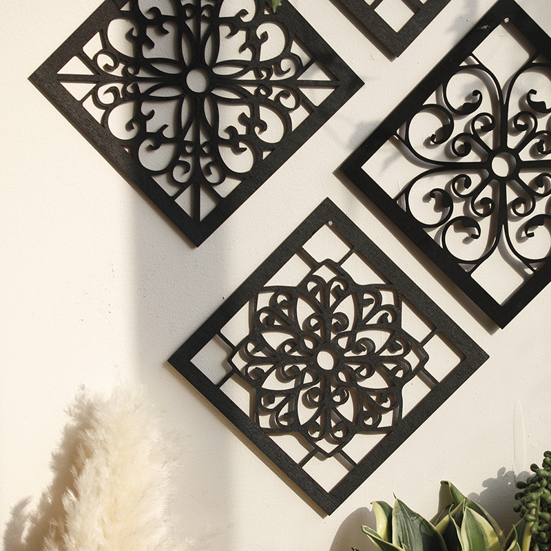 V888-ELOSUNG27435-202505081813-02 Black Set of 4 Intricate Black Wooden Wall Art Panels - Diamond Mandala Style Home Decor Plaques - Image 3