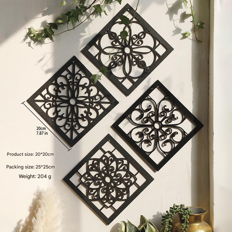 V888-ELOSUNG27435-202505081813-04 Black Set of 4 Intricate Black Wooden Wall Art Panels - Diamond Mandala Style Home Decor Plaques - Image 5