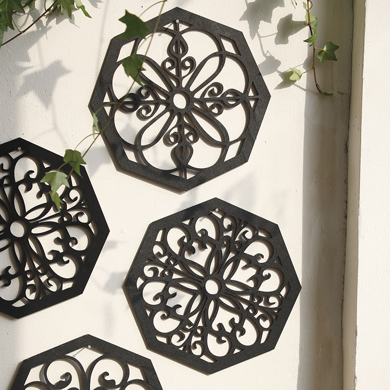 V888-ELOSUNG27436-202505081813-01 Black Set of 4 Intricate Wooden Octagonal Wall Art - European Style Mandala Decor Plaques - Image 2