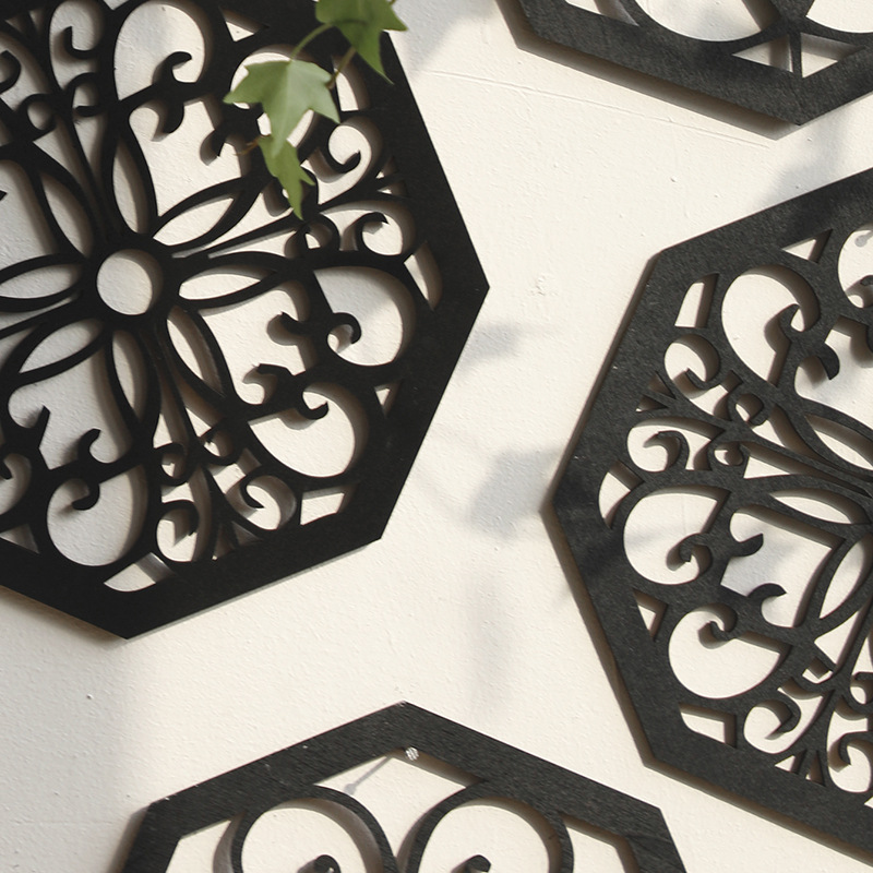 V888-ELOSUNG27436-202505081813-02 Black Set of 4 Intricate Wooden Octagonal Wall Art - European Style Mandala Decor Plaques - Image 3