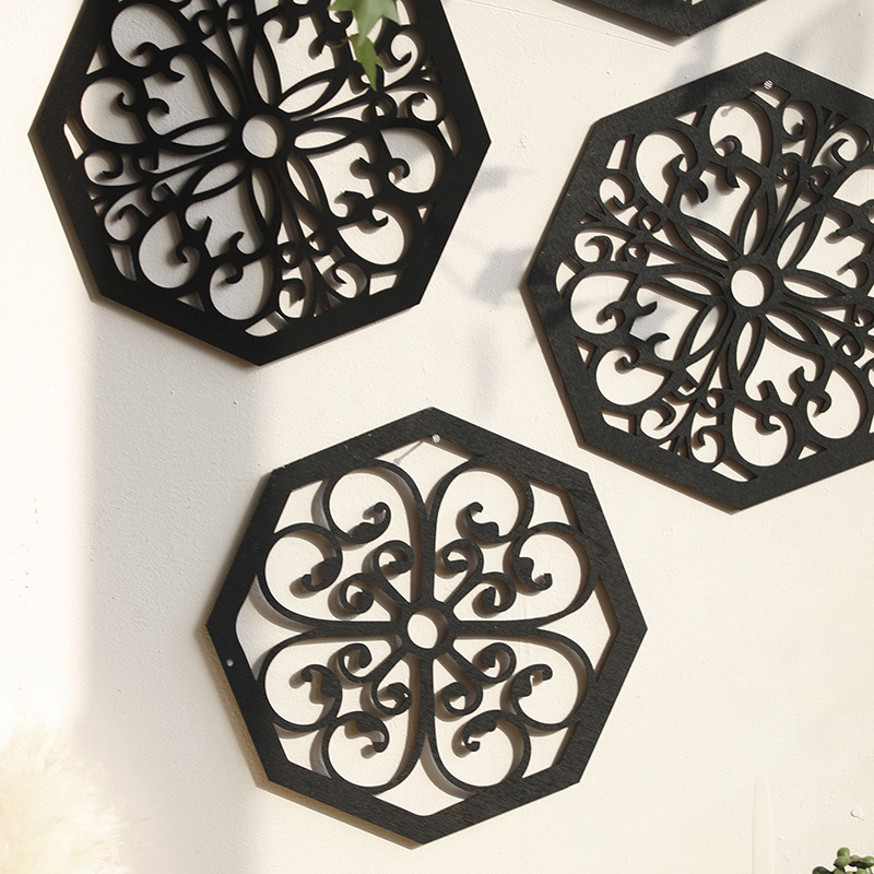 V888-ELOSUNG27436-202505081813-03 Black Set of 4 Intricate Wooden Octagonal Wall Art - European Style Mandala Decor Plaques - Image 4
