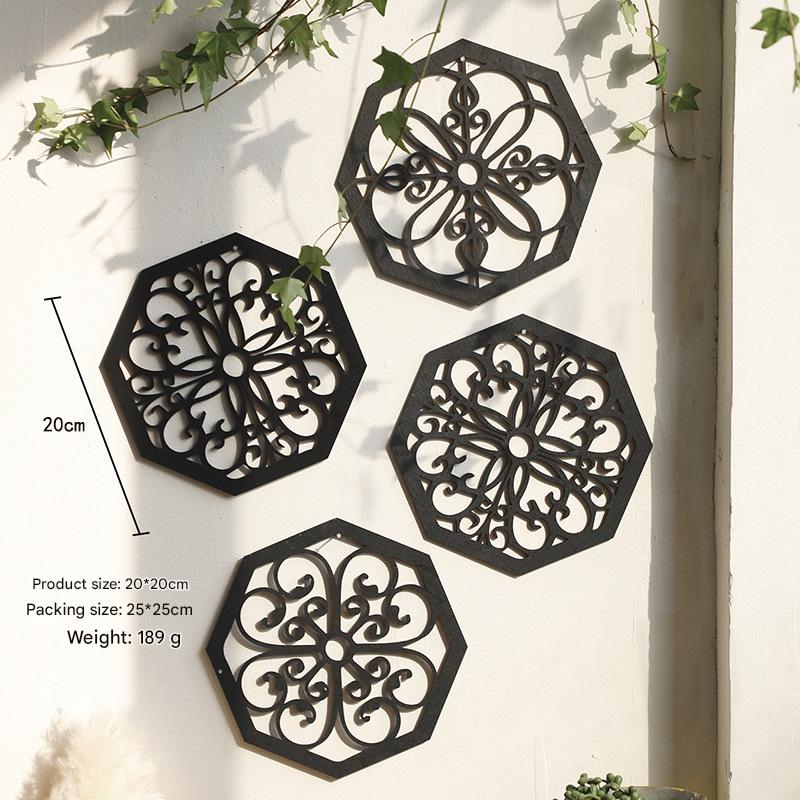 V888-ELOSUNG27436-202505081813-05 Black Set of 4 Intricate Wooden Octagonal Wall Art - European Style Mandala Decor Plaques - Image 6