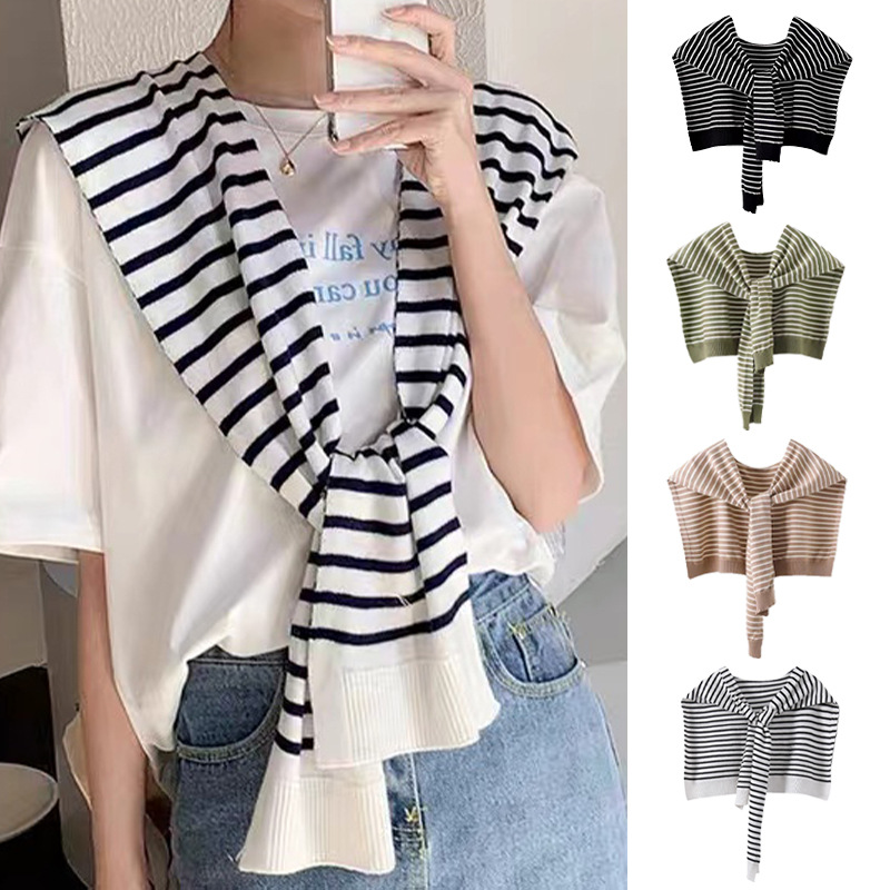 V888-ELOSUNG27481-202505131740-01 Black Chic Striped Knit Tie-Front Shawl - Lightweight Versatile Layering Capelet for Women - Image 2