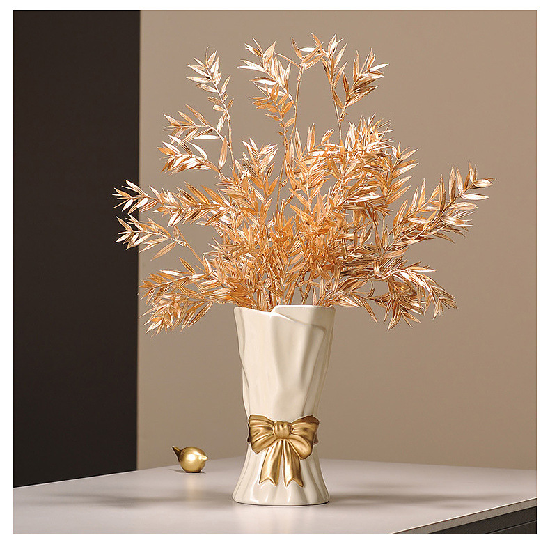 V888-ELOSUNG27750-202505191336-01 Beige Elegant Ceramic Vase with Golden Bow Accent - Textured Relief Flower Holder for Living Room & Dining Table Decor - Image 2