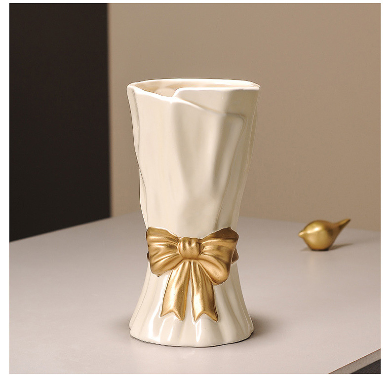 V888-ELOSUNG27750-202505191336-03 Beige Elegant Ceramic Vase with Golden Bow Accent - Textured Relief Flower Holder for Living Room & Dining Table Decor - Image 4